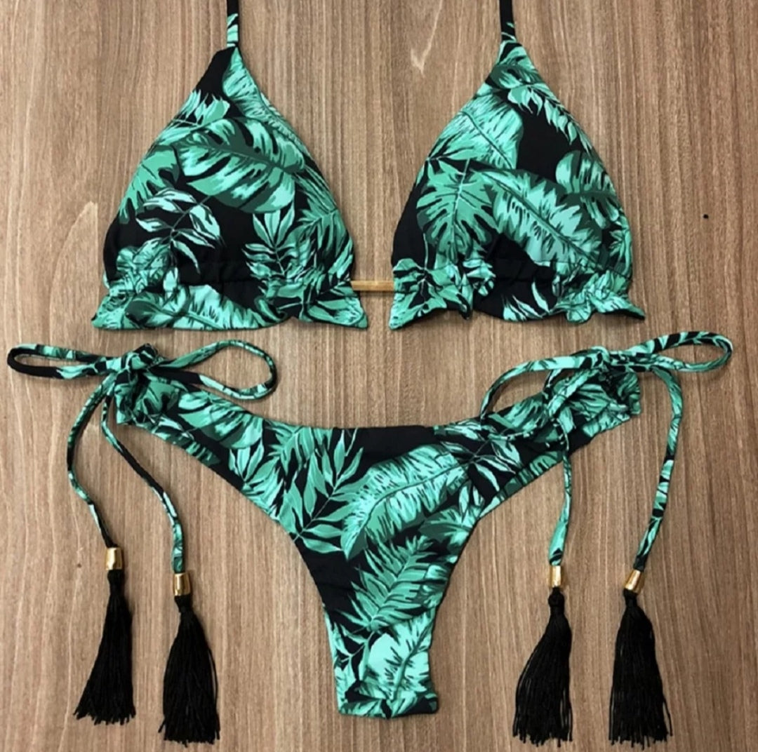 Lucifer On You - Bikini brésilien sexy Palmier maillot de bain tanga vert et noir bohémien chic
