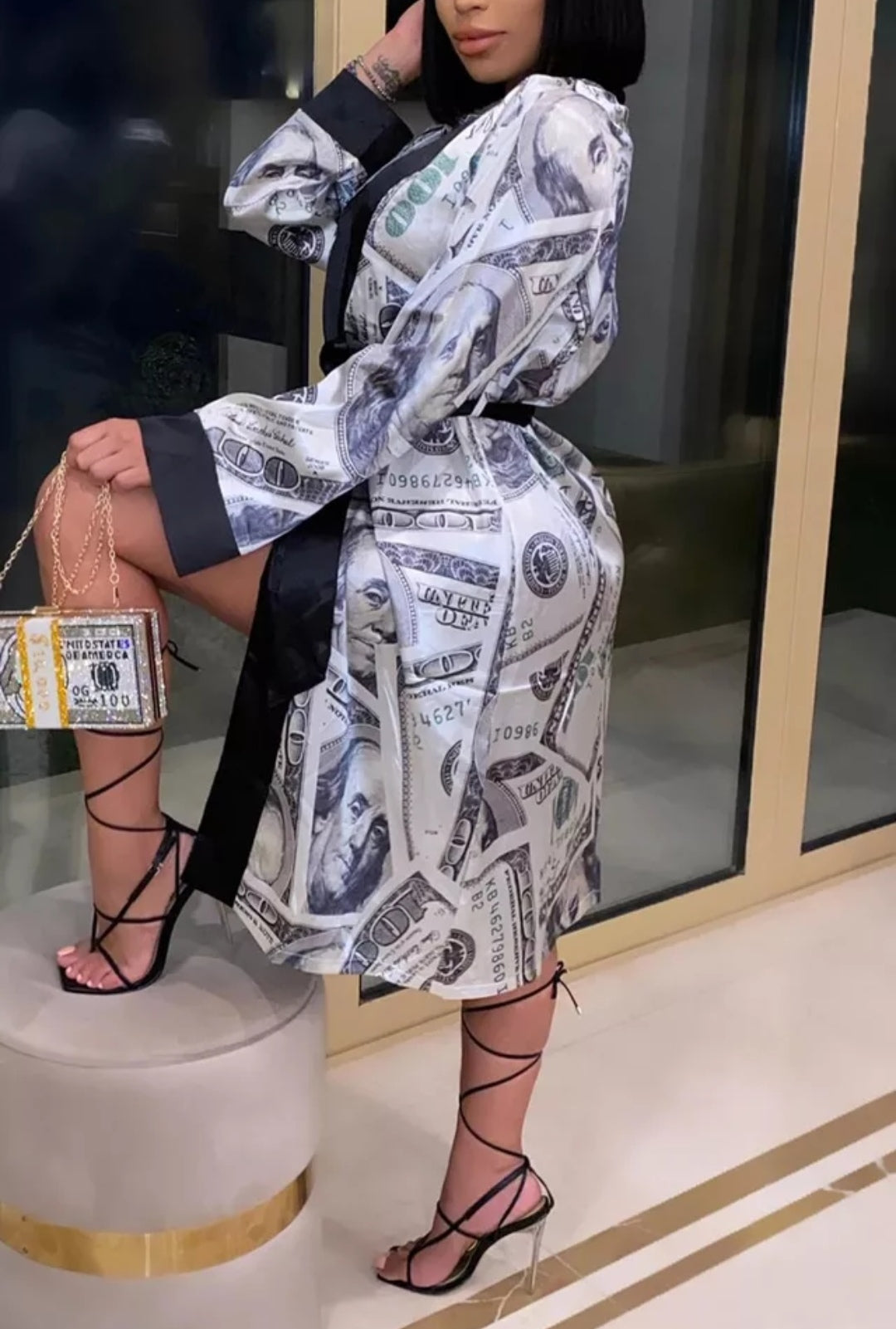 Lucifer On You - Peignoir d'été motif dollars Américain lingerie sous vêtement féminin - Kimono léger ceinture Sous vetement femme pas cher 